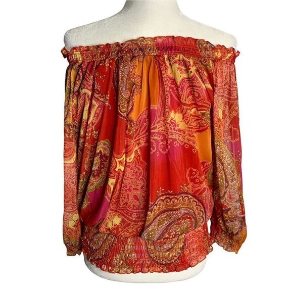 Vintage Off the Shoulder Paisley Blouse XL Red Sheer Lined Elastic Shirred Waist - Picture 4 of 6